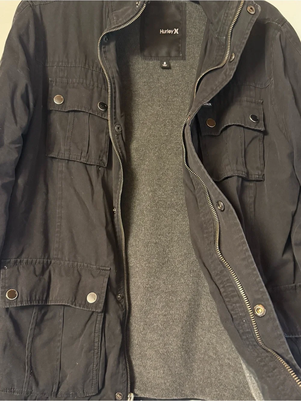 Hurley Men's Black Military Field Jacket with Multiple Pockets